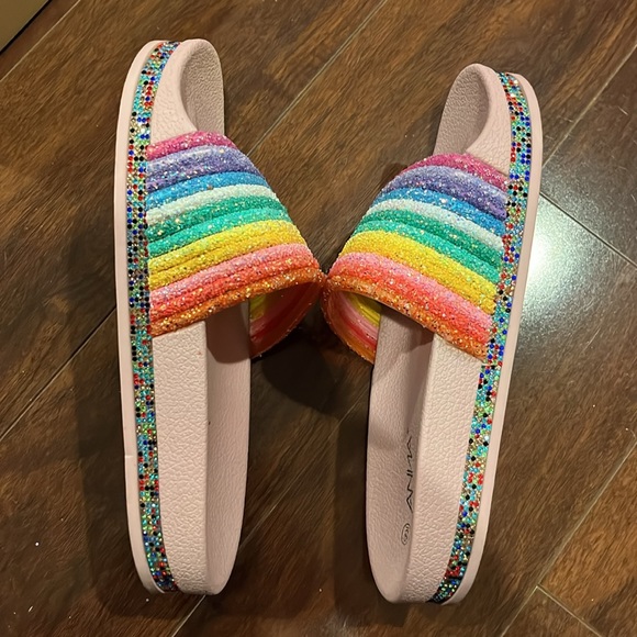 ⭐️EUC - Anina - Pink & Rainbow Sparkle Samdal Slides - Woman's Size 6 - Picture 9 of 10